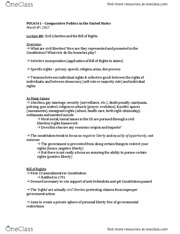 POL 4141 Lecture Notes - Lecture 9: Incorporation Of The Bill Of Rights, Negative Liberty, Positive Liberty thumbnail