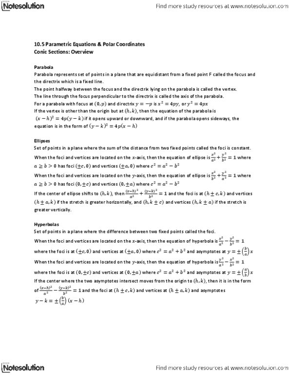 MAT136H1 Lecture Notes - Hyperbola, Ellipse, Polar Coordinate System thumbnail