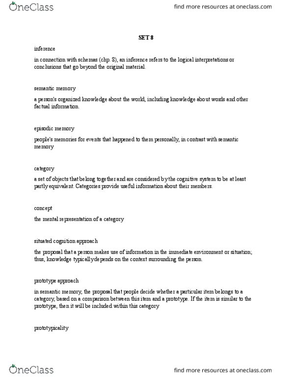 PSYC 2010 Lecture Notes - Lecture 8: Situated Cognition, Episodic Memory, Prototype Theory thumbnail