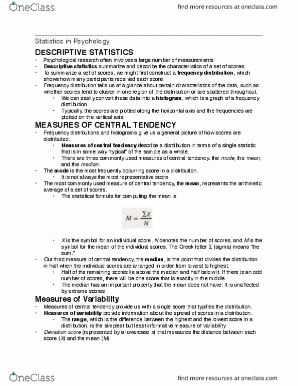 Psychology 1000 Chapter Notes - Chapter 100: Standard Deviation, Normal Distribution, Frequency Distribution thumbnail