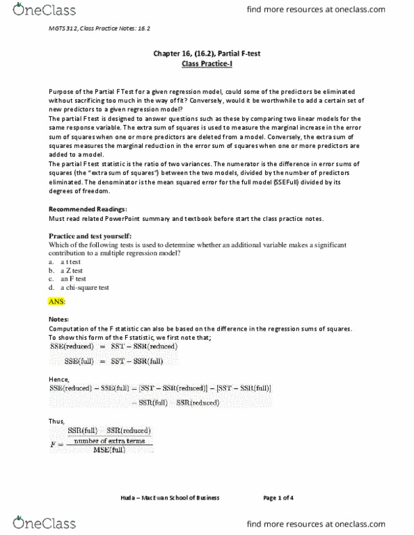 MGTS-312 Lecture Notes - Lecture 16: F-Test, Test Statistic, Microsoft Powerpoint thumbnail