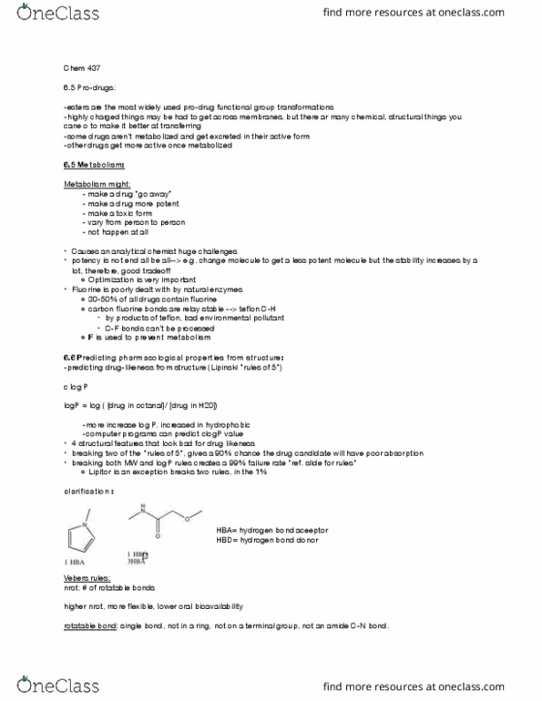 CHEM 437 Lecture Notes - Lecture 17: Prodrug, Fluorine, Hydrogen Bond thumbnail