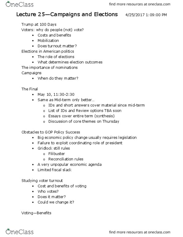 POL SCI 1 Lecture Notes - Lecture 25: Get Out The Vote, Free Rider Problem thumbnail