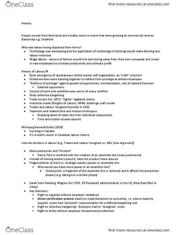 MHR 522 Lecture Notes - Lecture 4: Industrial Workers Of The World, Rand Formula, Stagflation thumbnail