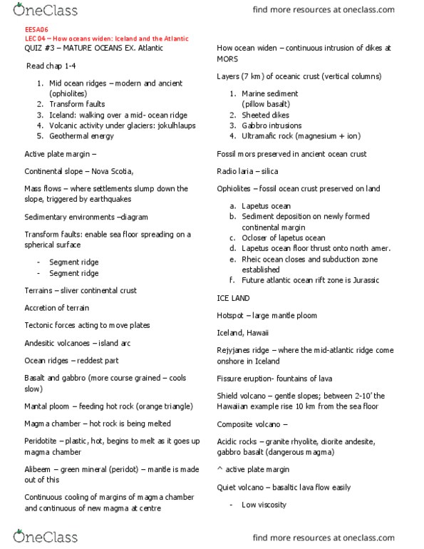 EESA06H3 Lecture Notes - Lecture 4: Continental Crust, Rhyolite, Mid-Ocean Ridge thumbnail