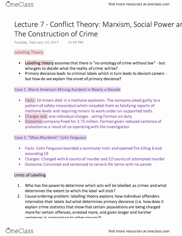 SOC205H5 Lecture Notes - Lecture 7: Proletariat, Class Conflict, Critical Criminology thumbnail