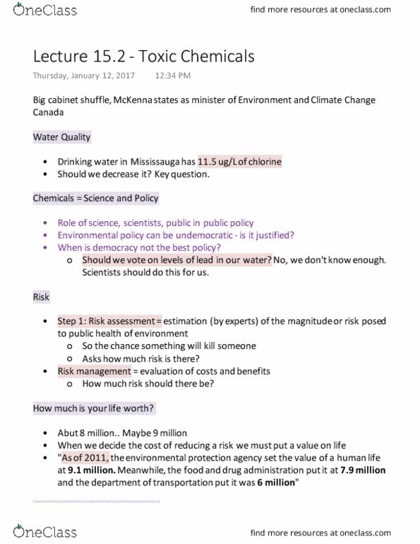 ENV250Y5 Lecture Notes - Lecture 24: Risk Assessment, Polytetrafluoroethylene thumbnail