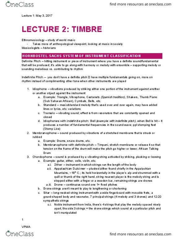 VPMA93H3 Lecture Notes - Lecture 2: Appalachian Dulcimer, Aerophone, Intensify thumbnail