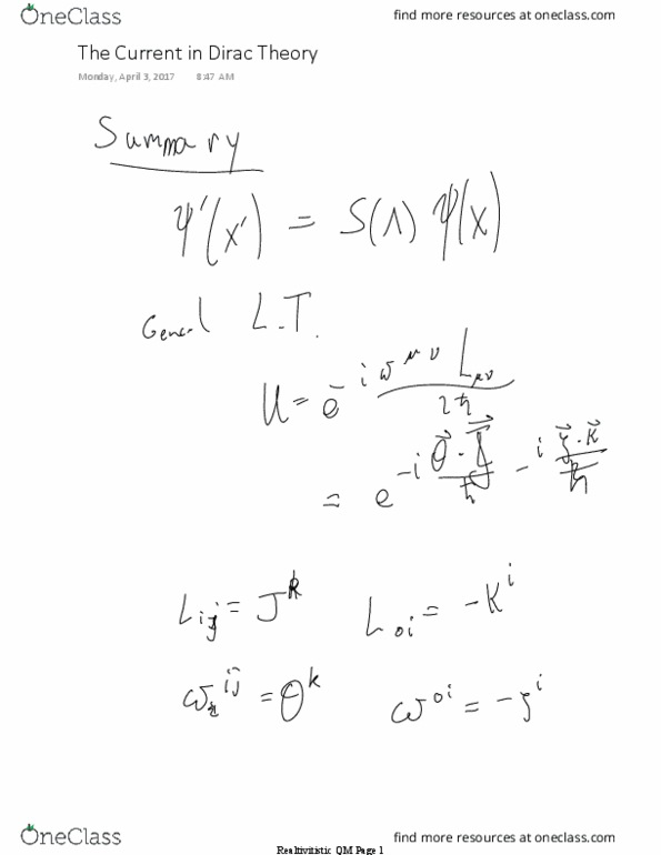 PHYS GR6038 Lecture 17: The Current in Dirac Theory and solutions to the free equation -- April 3 thumbnail