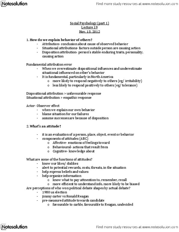 PSYC 1000 Lecture Notes - Lecture 19: Cognitive Dissonance, Fundamental Attribution Error, Dispositional Attribution thumbnail