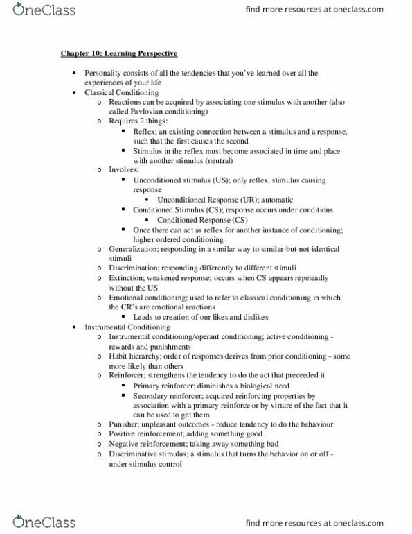 CNPS 365 Chapter Notes - Chapter 10: Procedural Knowledge, Conditionality, Semantic Memory thumbnail