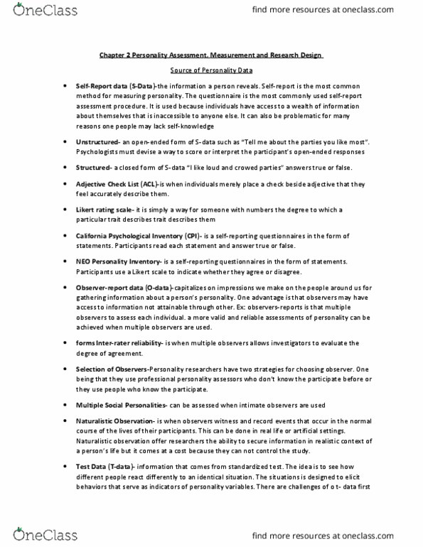 PSYC 2740 Chapter Notes - Chapter 2: Internal Consistency, Hermann Rorschach, Naturalistic Observation thumbnail