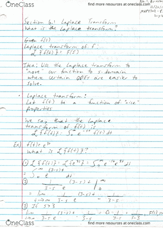 MAP-2302 Lecture 18: Section 6.1 (Laplace Transform) thumbnail