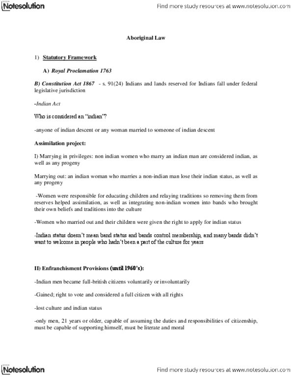 LWSO 203 Lecture Notes - Sui Generis, Aboriginal Title, Indian Register thumbnail