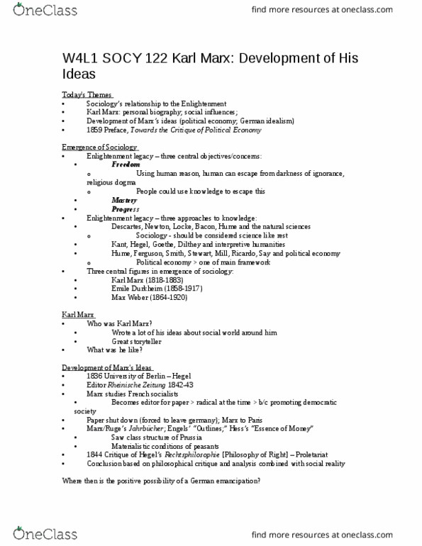 SOCY 122 Lecture Notes - Lecture 4: Proletariat, Pierre-Joseph Proudhon, Productive Efficiency thumbnail