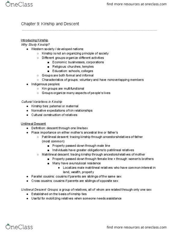 ANT 201 Chapter Notes - Chapter 9: Consistency, Kinship Terminology, Unilineality thumbnail