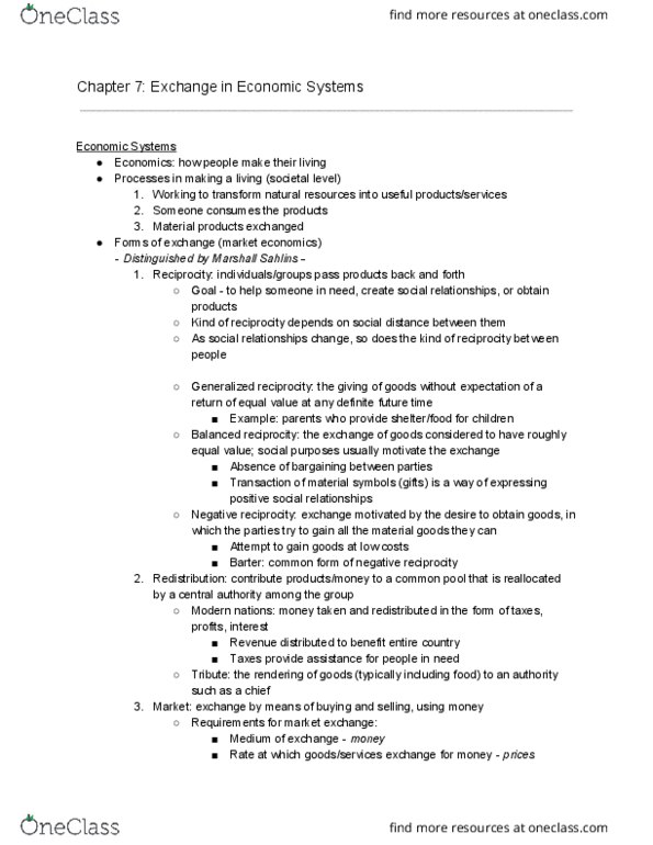 ANT 201 Chapter Notes - Chapter 7: Global Exchange, Marshall Sahlins thumbnail