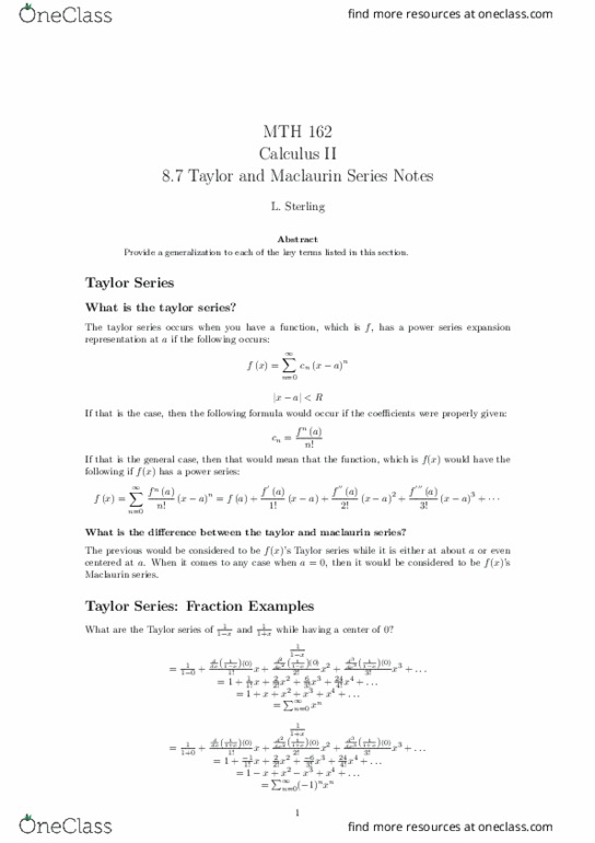 MTH 162 Lecture Notes - Lecture 24: Taylor Series thumbnail