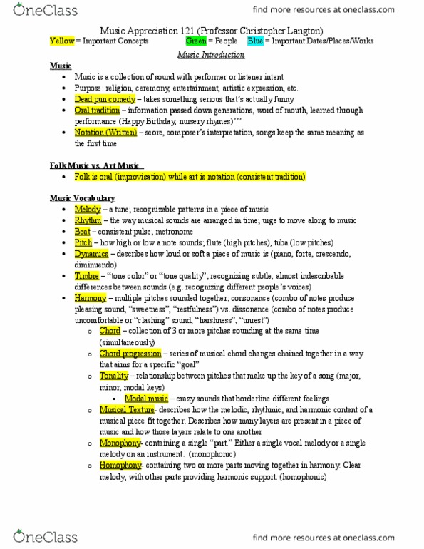 MUS 121 Lecture Notes - Lecture 1: Christopher Langton, Monophony, Tonality thumbnail