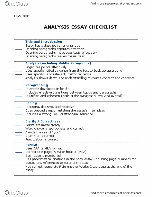 BPK 143 Lecture 1: Analysis Essay Checklist Form thumbnail