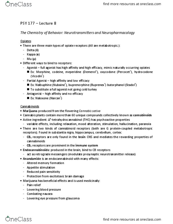 PSY 177 Lecture Notes - Lecture 8: Nmda Receptor Antagonist, Codeine, Excitotoxicity thumbnail