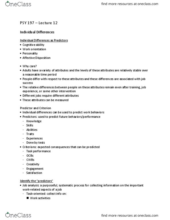 PSY 197 Lecture Notes - Lecture 12: Psy, Conscientiousness, Personality Test thumbnail