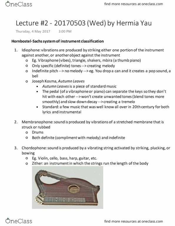 VPMA93H3 Lecture Notes - Lecture 2: Chordophone, Sympathetic String, Bassoon thumbnail
