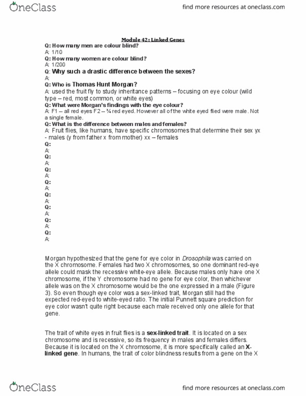 BI110 Chapter Notes - Chapter Module 42: Barr Body, Punnett Square, Thomas Hunt Morgan thumbnail