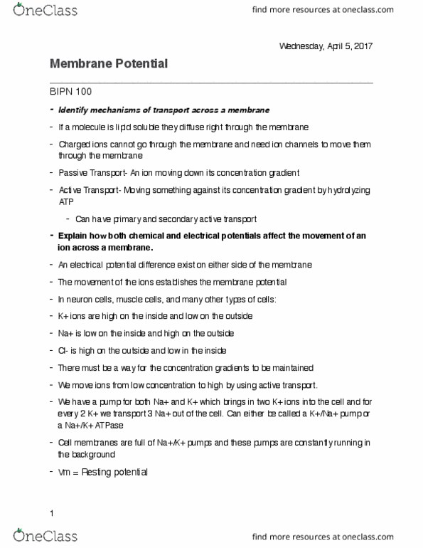 BIPN 102 Lecture Notes - Lecture 2: Active Transport, Membrane Potential, Electrochemical Gradient thumbnail