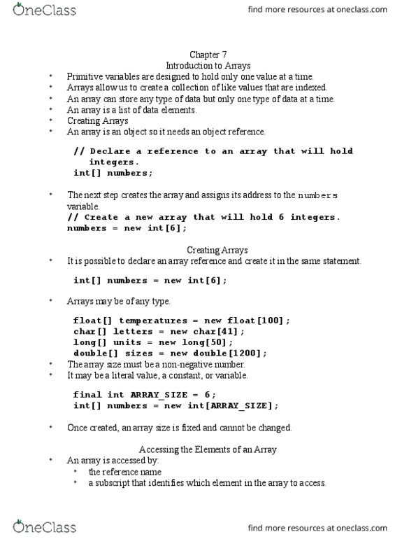 I CSI 201 Chapter 7: Introduction to Arrays thumbnail