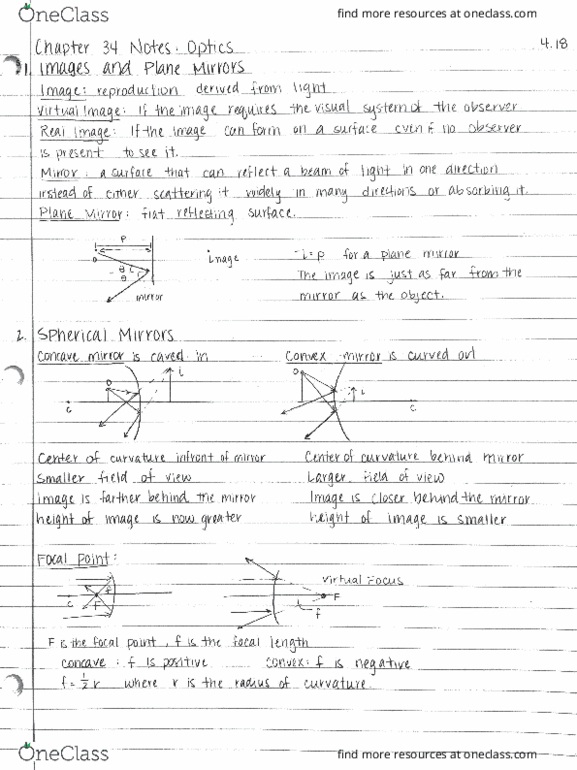 PHYSICS 135 Chapter Notes - Chapter 34: Curved Mirror, Foal thumbnail