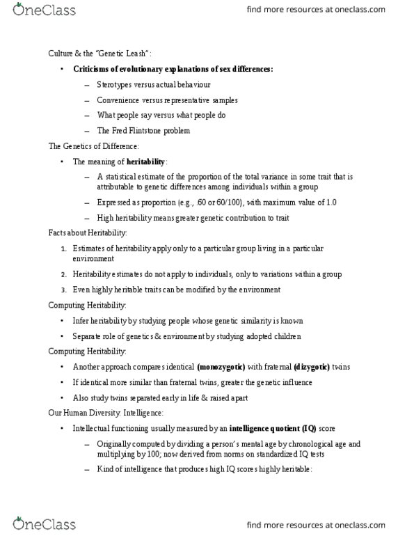 PSY 121 Lecture Notes - Lecture 13: Fred Flintstone, Heritability, Malnutrition thumbnail