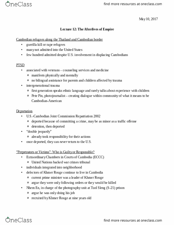 HUMAN 1C Lecture Notes - Lecture 12: Tuol Sleng Genocide Museum, Unexploded Ordnance, Joint Commission thumbnail