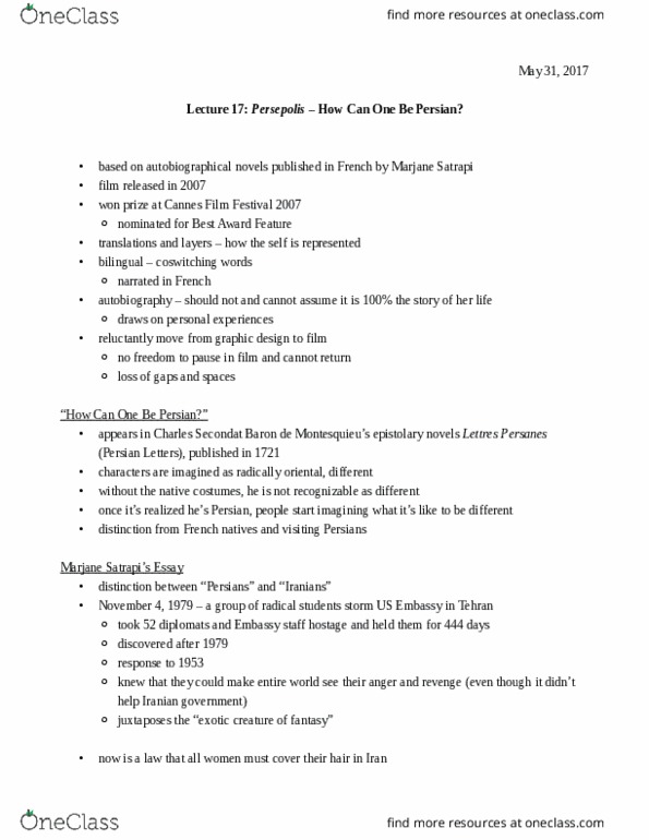 HUMAN 1C Lecture Notes - Lecture 17: Marjane Satrapi, Persian Letters, Return Loss thumbnail