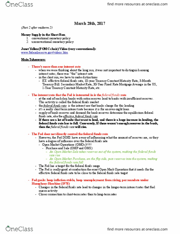 ECON-002 Lecture Notes - Lecture 18: Federal Funds Rate, Janet Yellen, Bank Reserves thumbnail