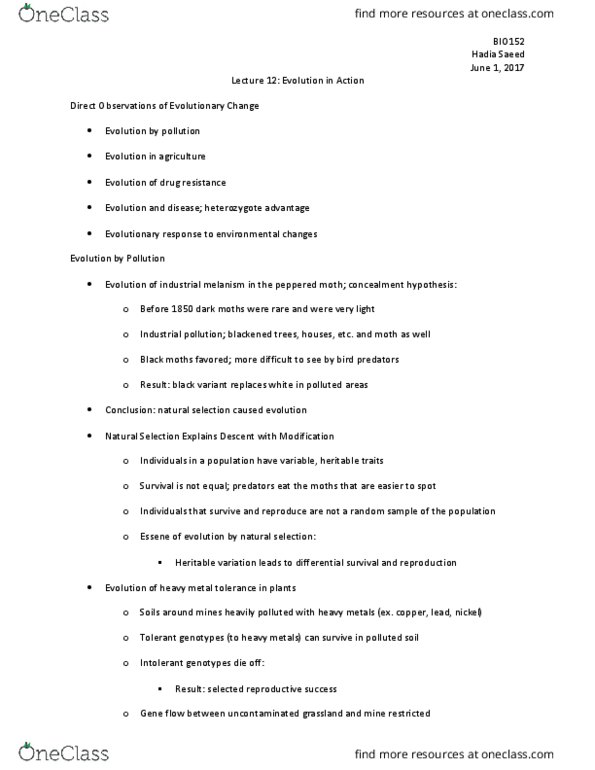 BIO152H5 Lecture Notes - Lecture 12: Melanism, Heterozygote Advantage, Essenes thumbnail