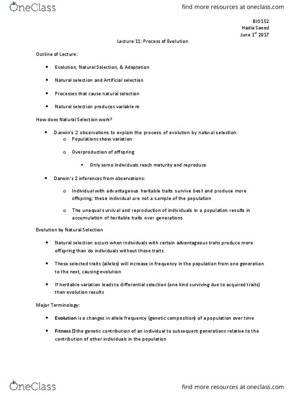 BIO152H5 Lecture Notes - Lecture 11: Selective Breeding, Overproduction, Coevolution thumbnail