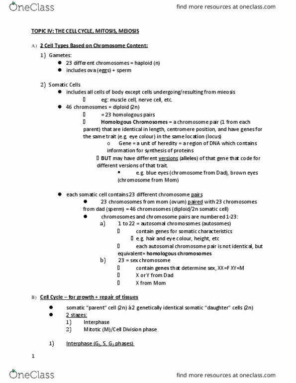 BIOL 1412 Lecture Notes - Lecture 4: Autosome, Homologous Chromosome, Cell Cycle thumbnail