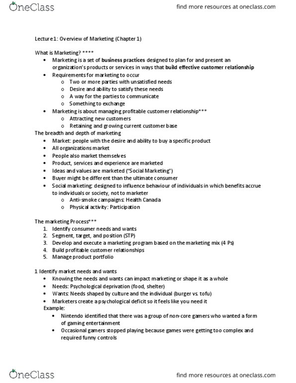 MKT 100 Lecture Notes - Lecture 1: Social Marketing, Customer Experience, Marketing Mix thumbnail