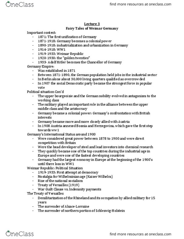 GER 1791 Lecture Notes - Lecture 3: Article 231 Of The Treaty Of Versailles, German Nobility, Bourgeoisie thumbnail