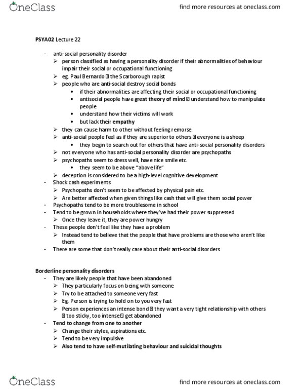 PSYA02H3 Lecture Notes - Lecture 22: Antisocial Personality Disorder, Paul Bernardo, Personality Disorder thumbnail