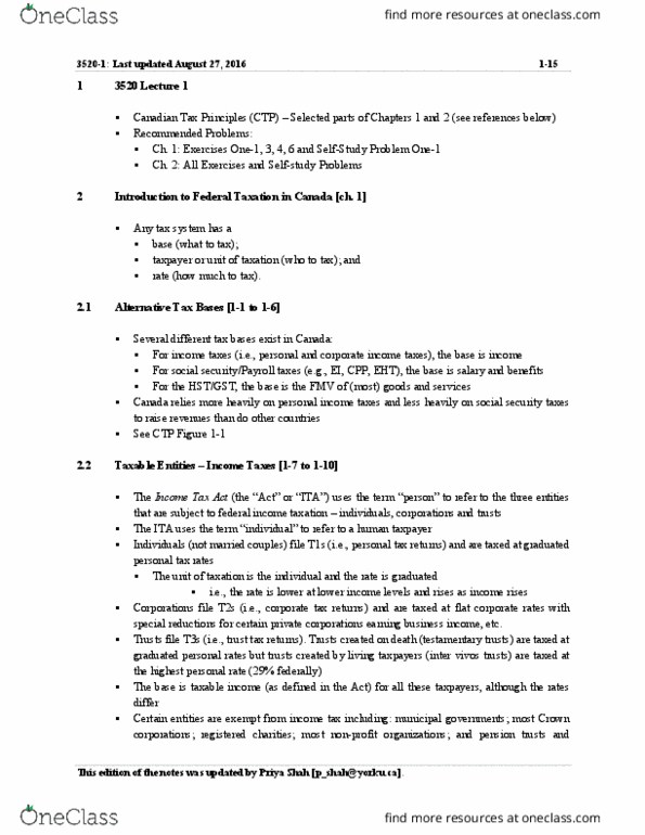 ADMS 3520 Lecture Notes - Lecture 1: Corporate Tax In The United States, Canada Pension Plan, Tax Expenditure thumbnail