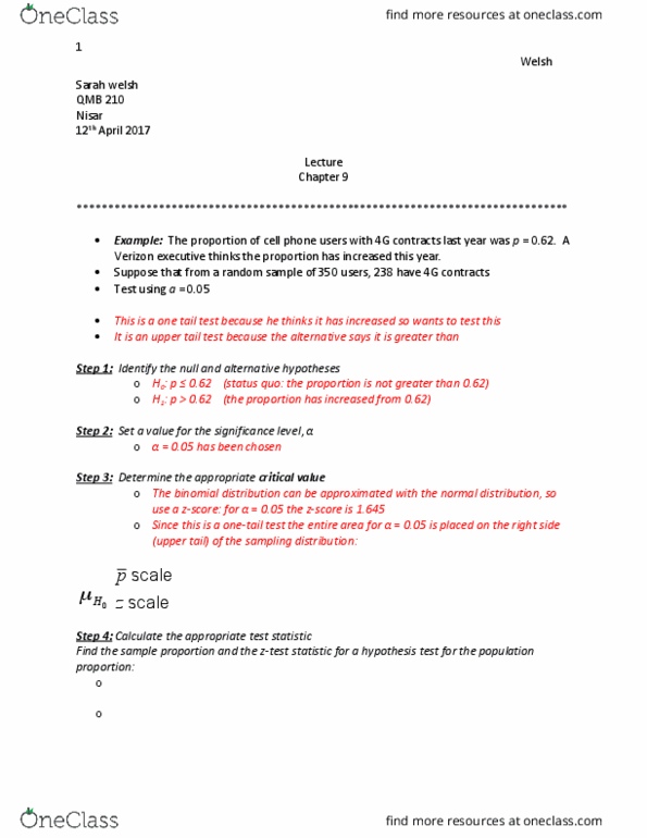 QMB-210 Lecture 23: QMB 210 Lecture 23: Chapter 9: Null & alternative hypothesis/ Z-test statistics/ P-value/ Upper & lower tails/ Examples thumbnail