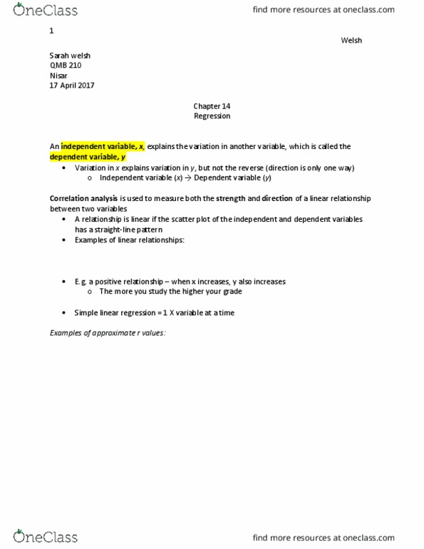 QMB-210 Lecture 24: QMB 210 Lecture 24: Chapter 14: Regression/ Correlation analysis/ R values/ Linear regression model/ Prediction lines/ SSR, SSE, SST/ Examples thumbnail