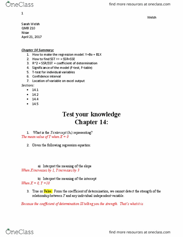 QMB-210 Lecture 26: QMB 210 Lecture 26: Chapter 14: Regression/ Summaries, examples, explanations thumbnail