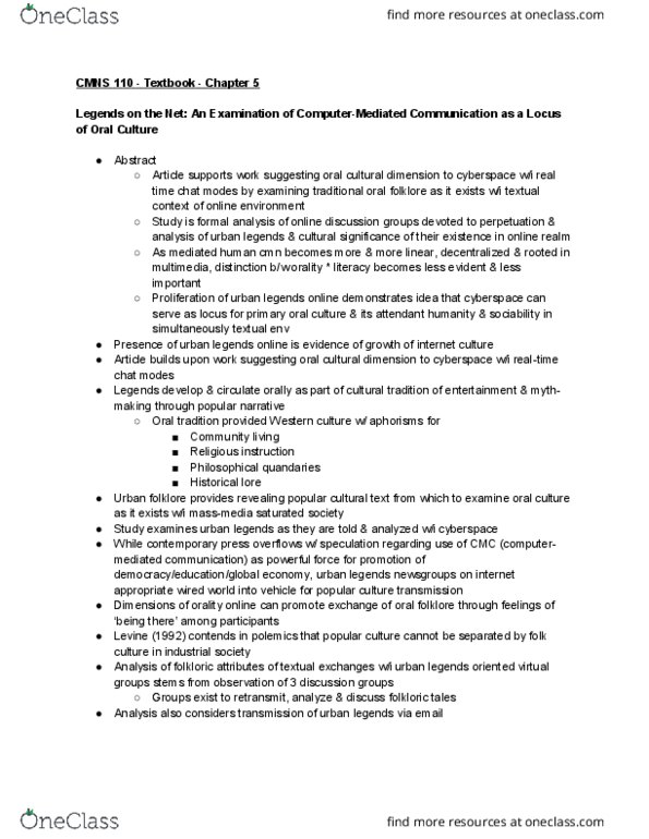 CMNS 110 Chapter Notes - Chapter 5: Computer-Mediated Communication, Cyberculture, Mass Media thumbnail
