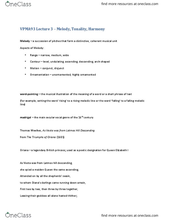 VPMA93H3 Lecture Notes - Lecture 3: Thomas Weelkes, British Princess, Program Music thumbnail