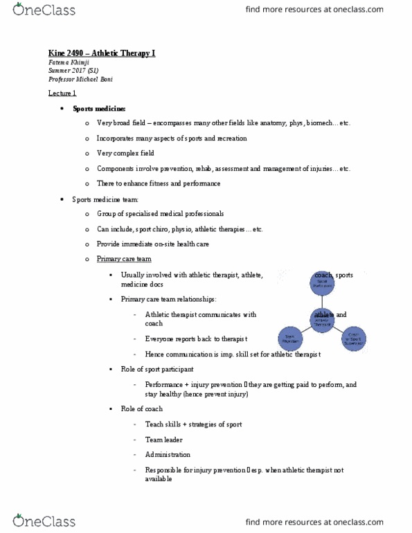 KINE 2490 Lecture Notes - Lecture 1: Orthopedic Surgery, Team Physician, Sports Medicine thumbnail