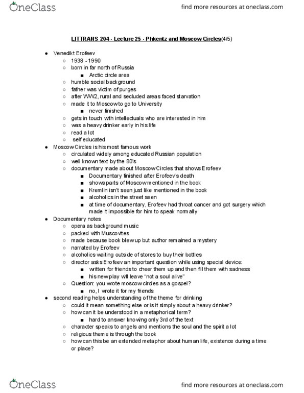 LITTRANS 204 Lecture Notes - Lecture 25: Venedikt Yerofeyev, Arctic Circle, Absenteeism thumbnail