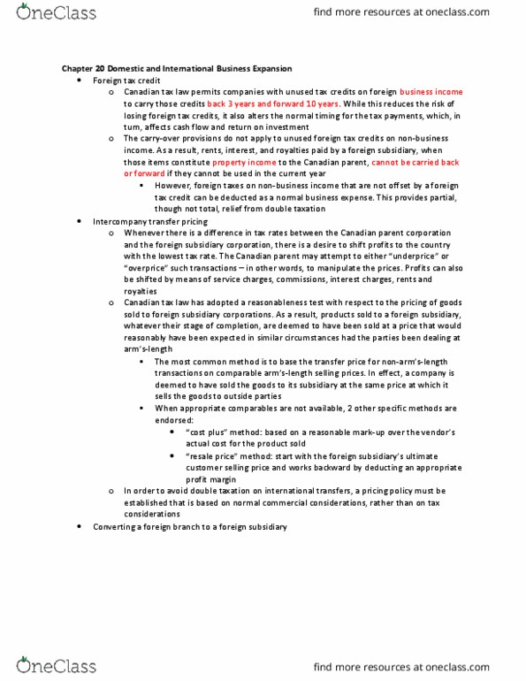 RSM424H1 Lecture Notes - Lecture 20: Foreign Tax Credit, Transfer Pricing, Property Income thumbnail